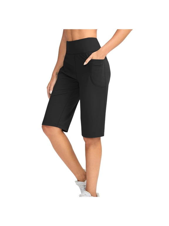 Knee-Length Yoga Pant for Women Athletic Workout Capris with Pockets Stretch High Waist Half Pants