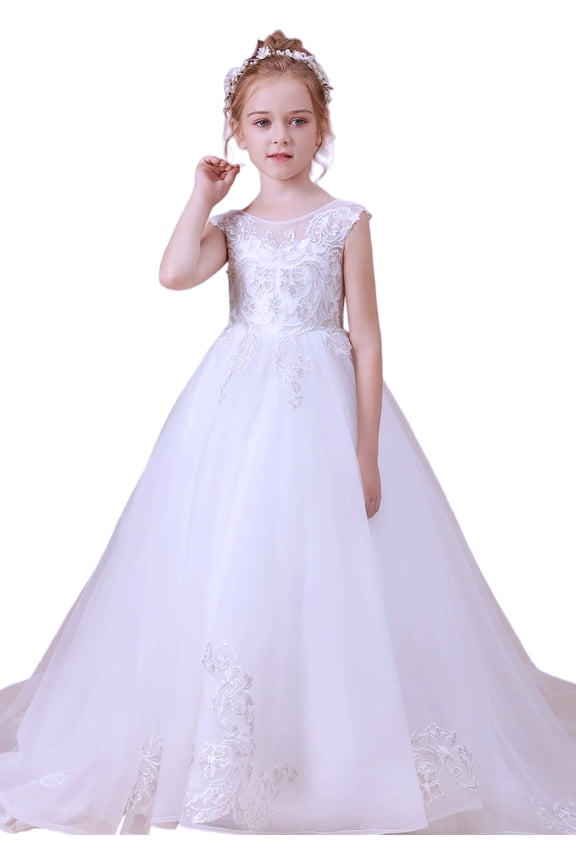 Knee LengthFlower Girl Dresses V Neck Tulle Layers Birthday Party Dress Lace Princess Pageant Dress for Girls White 10 -11Years