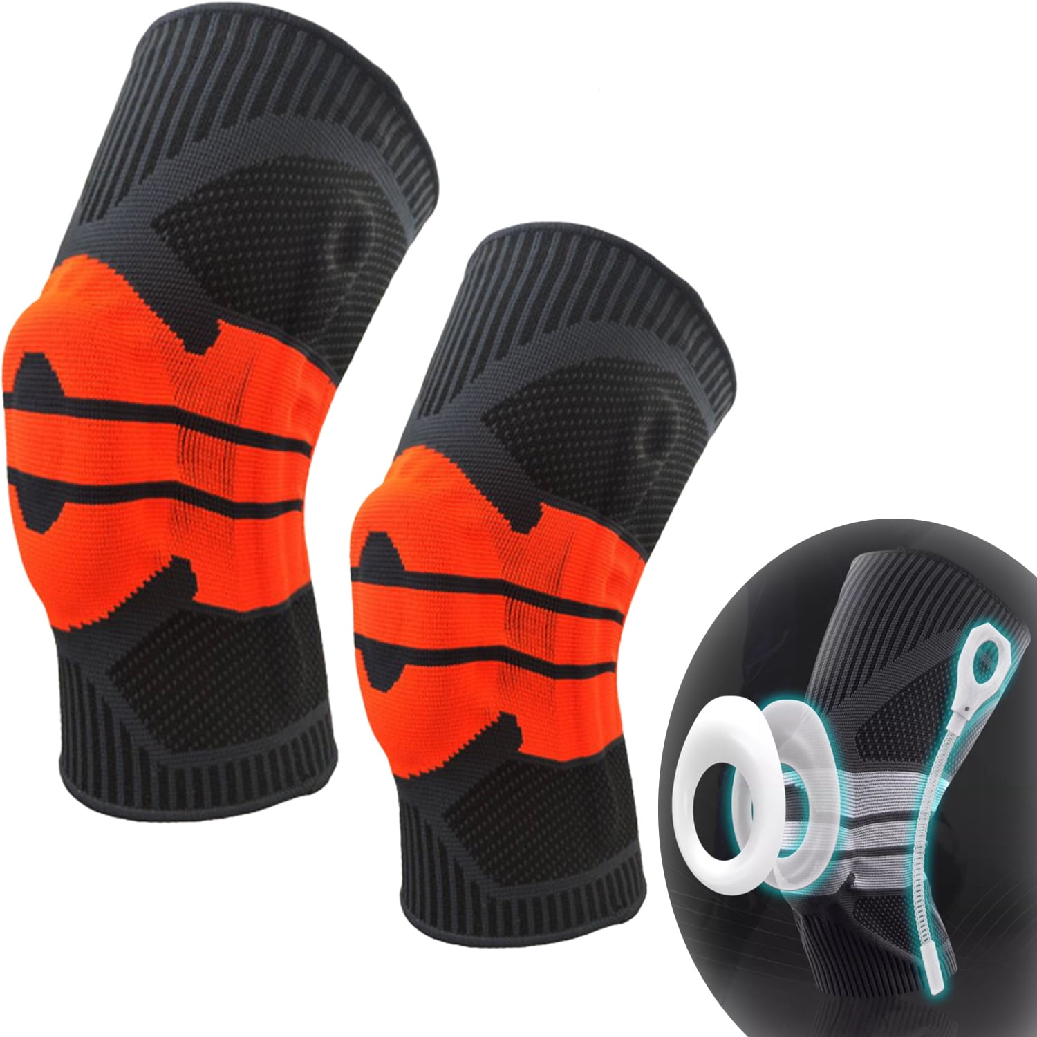 Knee braces for men and women, compression knee braces with side stabilizers and patellar gel pads, knee braces for pain relief, for arthritis pain and support, 2-pack (black and orange - size L)