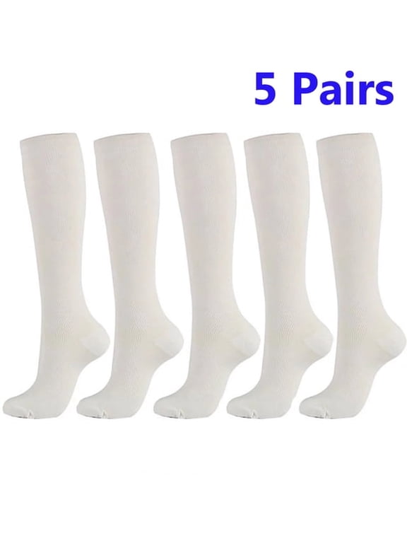 Knee high athletic compression socks, stretch sports stockings for men and women running marathon basketball training, white, size L XL, 5 pcs