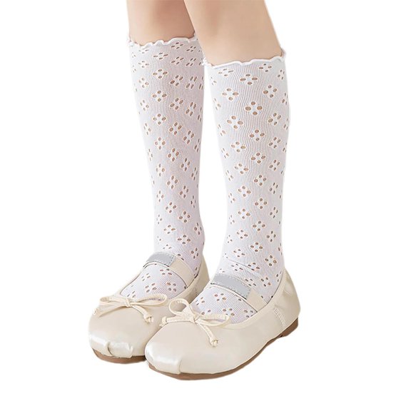 Kneehigh Socks Hollowed MidCalf Socks Kids Girl Spring Stretchy Ruffle Trim Socks for Little Girls School Dacning Socks