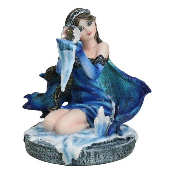 Kneeling Blue Artic Frozen Ice Princess Fairy with Crystal Ball Small Figurine