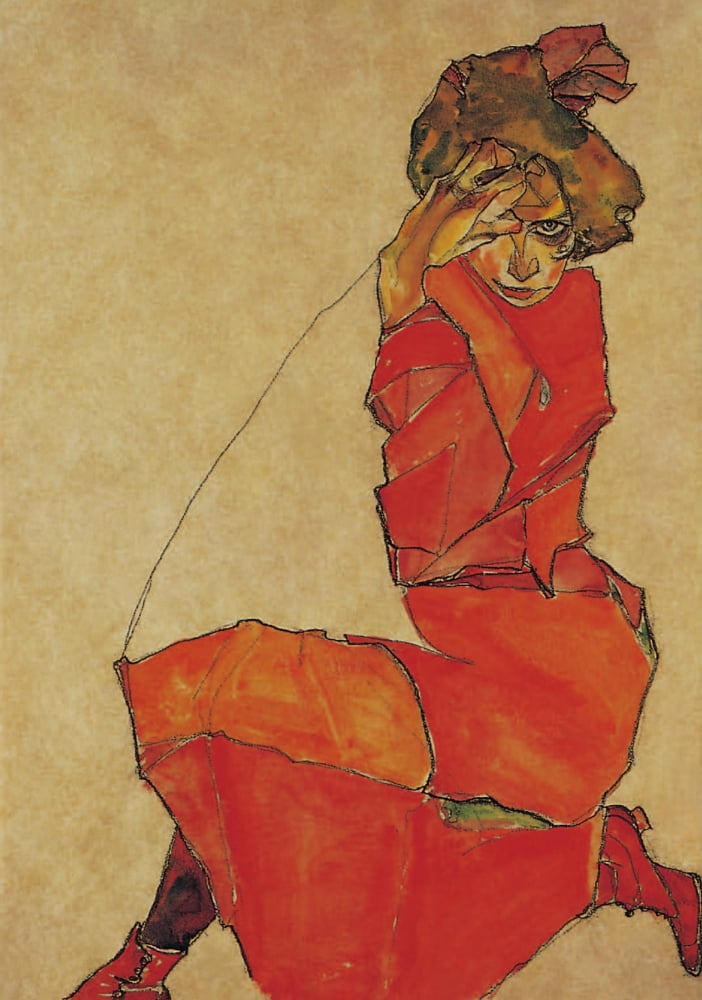 Kneeling Girl in Orange red dress 1910 Canvas Art - Egon Schiele (18 x 24)