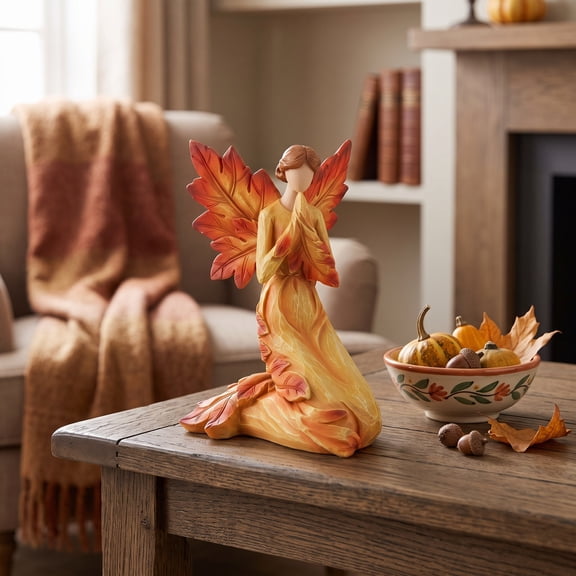 Kneeling Resin Crafts Vintage Fall Figurine Statue, Praying Angel Sculpture with Embossed Leaf Patterns, Multi-Purpose Tabletop Decor for Home Office Shelf Display