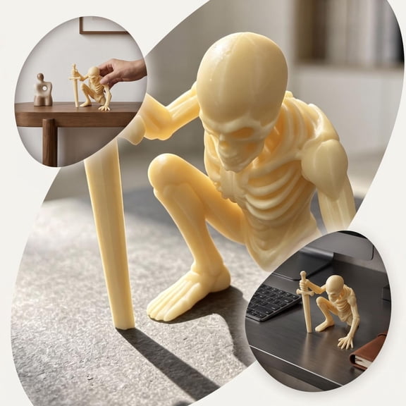 Kneeling Skeleton Sword Figurine, 1-Piece, Plastic, White, For Shelf, Desk, Mantel And Tabletop Display