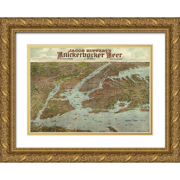 Knickerbocker Beer, 18x14 Gold Ornate Wood Framed with Double Matting Museum Art Print Titled - Panoramic view of New York City and vicinity, 1912