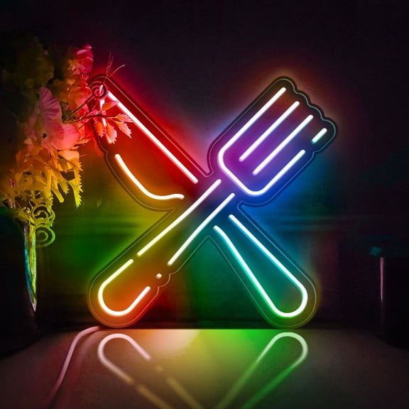 Knife And Fork Led Light Box, Dimmable Neon-Like Light Signs USB Power for Wall Decor Bedroom Decoration, Color Flow Effect (WxH) 8"x8"