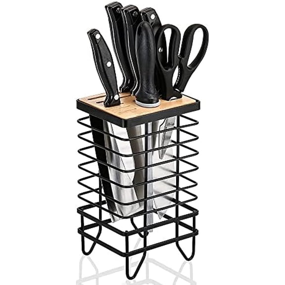 Knife Block Holder Universal Kitchen Knife Organizer Storage Stand 8 Slots Top Hollow Iron Wire Safe to Use Different Size Shape Knife Sharpeners Scissors Kitchen Countertop Black