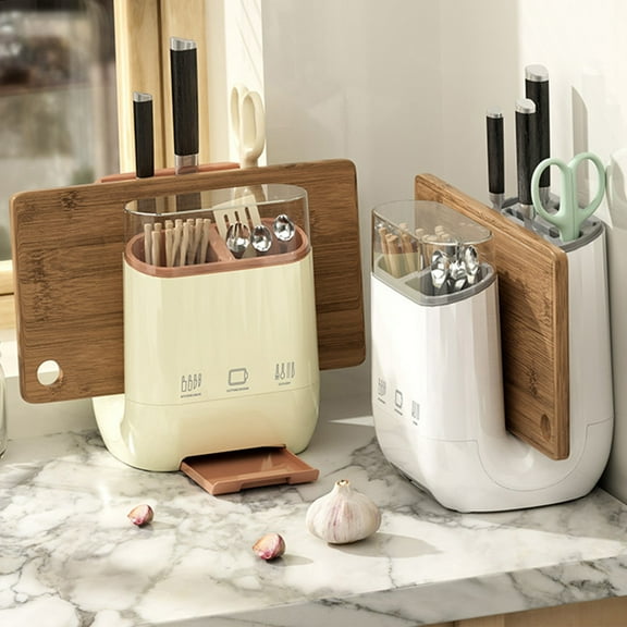 Knife Block Kitchen Utensil Organizer | Multi-Functional Knife Storage Holder | Thickened PET Plastic | Nonslip Base | Draining Tray | Segmented Compartments | Beige or White | 19x19x17.9cm