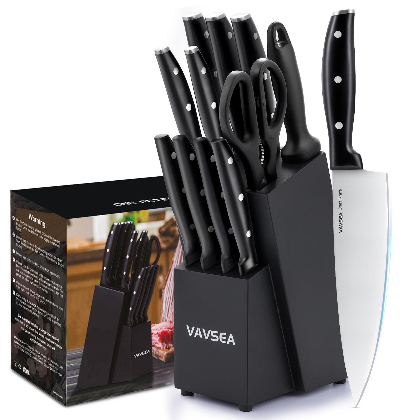 Knife Block Set,12 Pcs German Stainless Steel Kitchen Knife Set with Block, Knives Set with Self