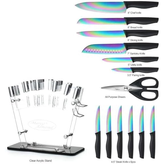 ® Knife Block Set,14-Piece Rainbow Color Stainless Steel Knife Sets for Kitchen with block, KYA35 Chef Cooking Knives Set with Acrylic Stand