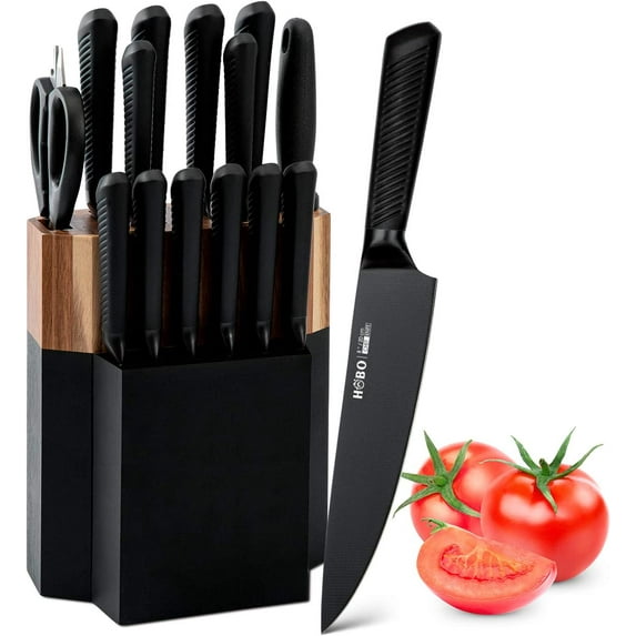 Knife Block Set, 15 Piece Kitchen Knife Set with 6 Steak Knife Set with Sharpener Chef Knife High German Carbon Stainless Steel Knife with Wooden Block Bread Knife Boxed