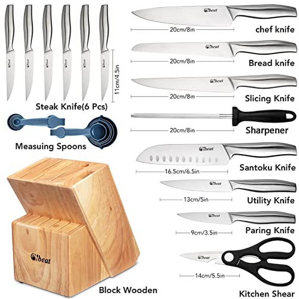 Knife Block Set, 17 Pcs Knife Set with Sharpener Stainless Steel Chef