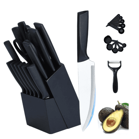 Knife Block Set, 26 Pieces Stainless Steel Kitchen Knives Block Set with Built-in Knife Sharpener,Measuring Cups and Spoons,Kitchen Knife Set for Best Gift