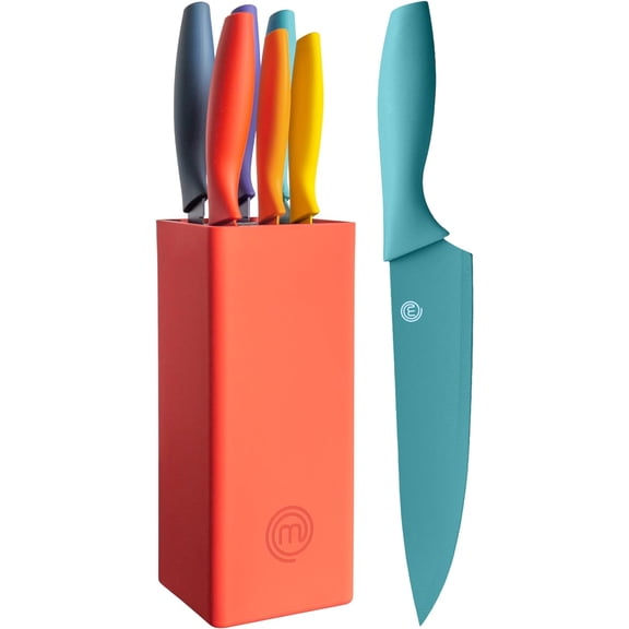Knife Block Set of 6 Kitchen Knives, Extra Sharp Stainless Steel Blades for Professional Cutting with Non Stick Coating & Soft Touch Easy Grip Handles in a Red Universal Block, Vivid Color
