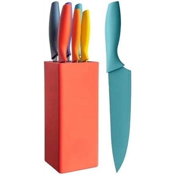 Knife Block Set of 6 Kitchen Knives, Extra Sharp Stainless Steel Blades for Professional Cutting with Non Stick Coating & Soft Touch Easy Grip Handles in a Red Universal Block, Vivid Color