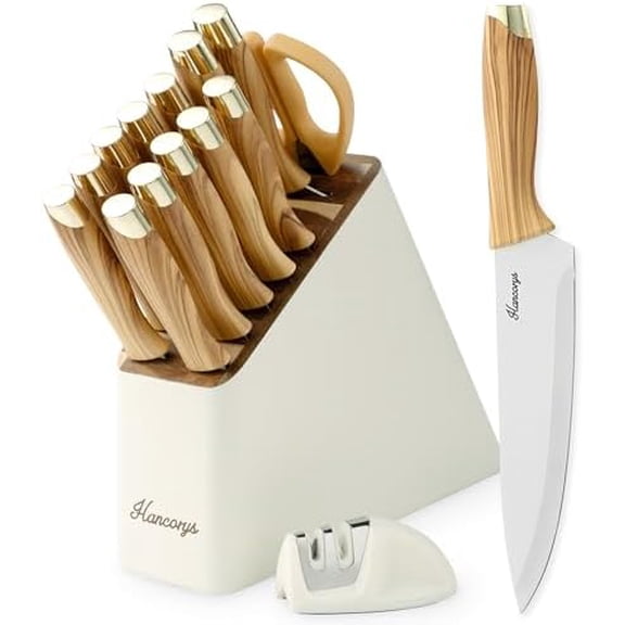Knife Block Set, Kitchen Knife Set with Sharpener, German Stainless Steel Gold Knives Set with Block and Ergonomic Wood Grain Handle, Ultra Sharp Cooking Knives$$Home Decor, Kitchen, & Other