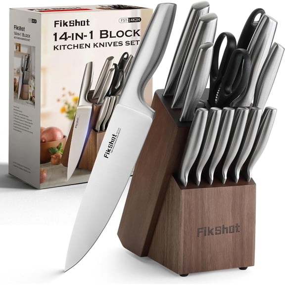 Knife Block Set, Kitchen Knife Sets with Block, Knives Set - Razor-Sharp Santoku Knives, Fruit and Kitchen Sets - Rust Resistant for Homecooks (Silver + Walnut)