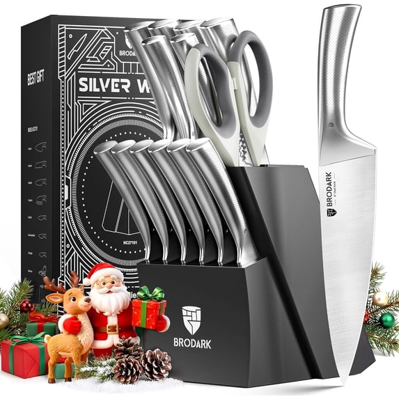 Knife Block Set: Kitchen Knives Set with Block and Sharpener, 15 Pcs Ultra Sharp Chef knife, High Carbon Stainless Steel, Ergonomic Handle Non-Slip, Silver Wolf Series with Gift Box