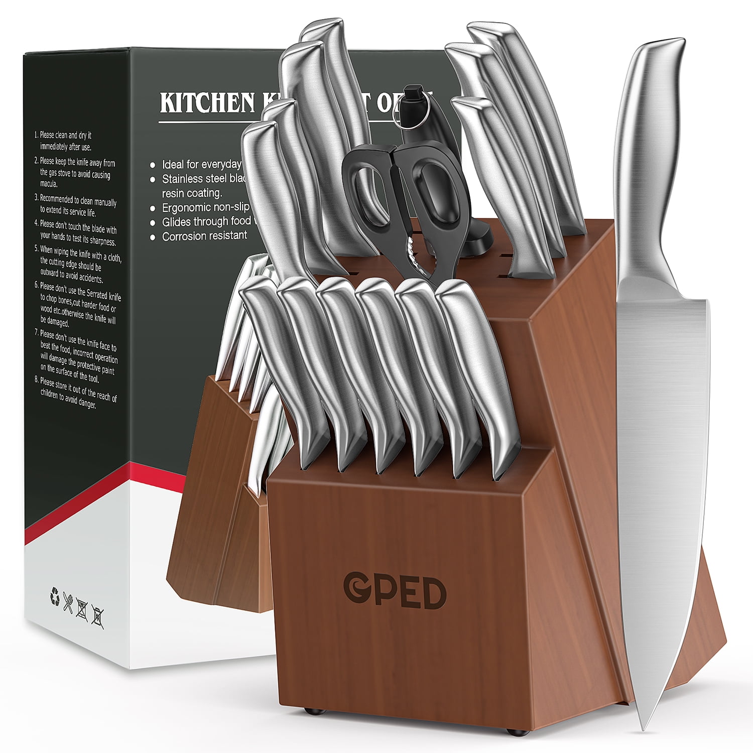 Knife Block Set, Kitchen Knife Set with Block, 16 Pcs Professional Chef Knife Set with Knife Sharpener & 8 Steak Knives, Ultra Sharp Stainless Steel Knife Set for Kitchen, Dishwasher Safe, root crops tools