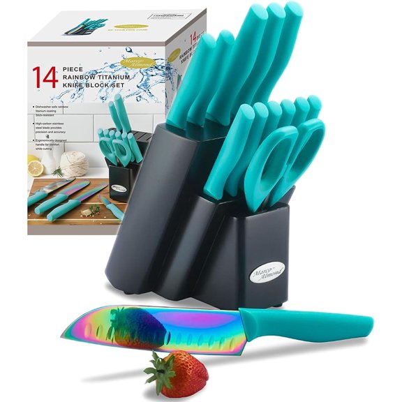 Knife Block Set, Knife Set Rainbow Color, 14 Piece Stainless Steel Kitchen Knife Sets with Block, KYA27 Chef Cooking Steak Knives Set for Kitchen