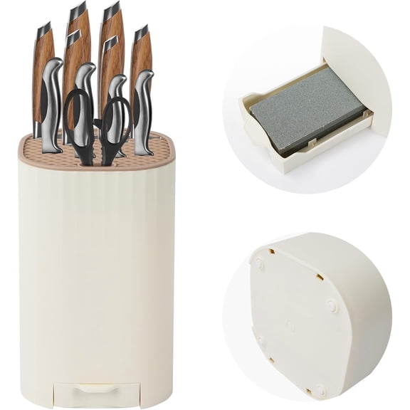 Knife Block Without Knives with Sharpening Stone Large Volume Scissors Slot Holder Easy Cleaning Detachable Storage Space Saver for Kitchen White