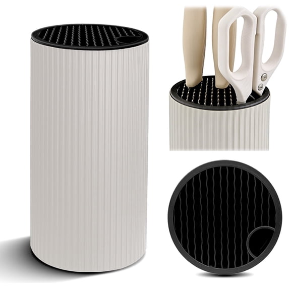 Knife Block without Knives Universal Kitchen Knife Holder Round Compact Empty Knife Storage Stand with Sharpener Rod and Scissor Slot,Off White