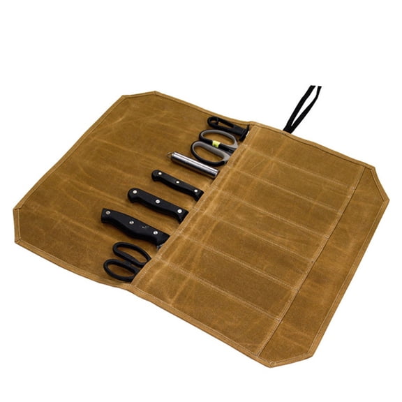Knife Cases Organizer-Durable Waxed Canvas Knife Roll Construction-7 Pockets - (Khaki) Canvas Roll Bag with Leather Belt.