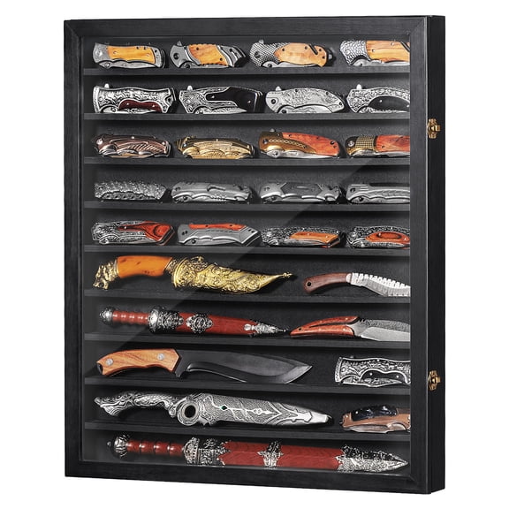 Knife Display Case for Collections, Pocket Knife Display Case with Acrylic Glass, Lockable Storage Cases with Removable Shelves, Wall-Mounted 10-Tier MDF Cabinet, Black