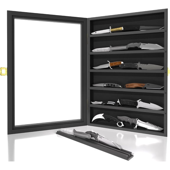 Knife Display Case for Collections, Pocket Knife Display Case with Acrylic Glass, Lockable Storage Cases with Removable Shelves, Wall-Mounted 6-Layer MDF Cabinet, Black