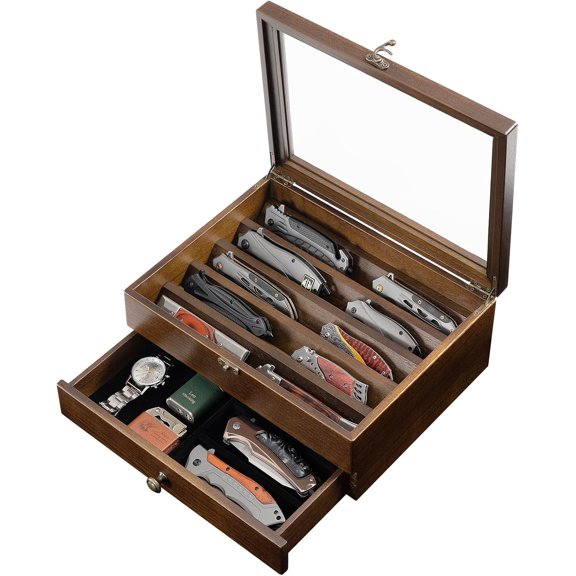 Knife Display Case Knife Collection Display Holder with Glass Lid, 2-Layer Wooden Pocket Knife Case with Drawers