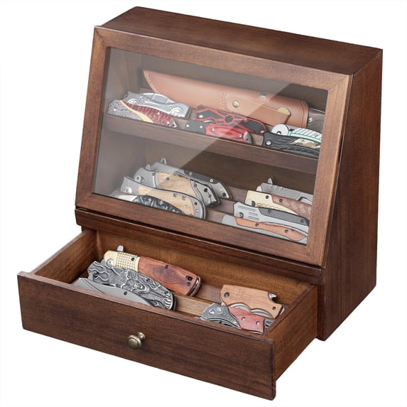 Knife Display Case, Knife Collection Display Holder with Glass Lid & Drawers (Walnut)