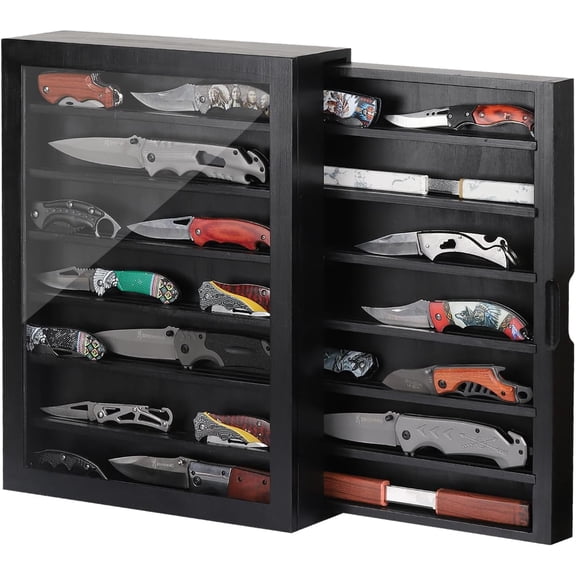 Knife Display Case & Medals Display Case,7 Rows Military Folding Knife Shadow Box,Wall Mount or Tabletop,Large Capacity with Removable Shelves & Side Drawer,AHK-070