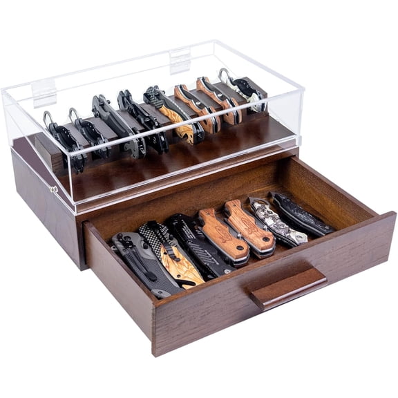 Knife Display Case,Pocket Knife Collection Display Holder,Premium 2-Layer Wooden Case with Acrylic Window Top & Drawer,Handcrafted Storage Box Perfect for Collection