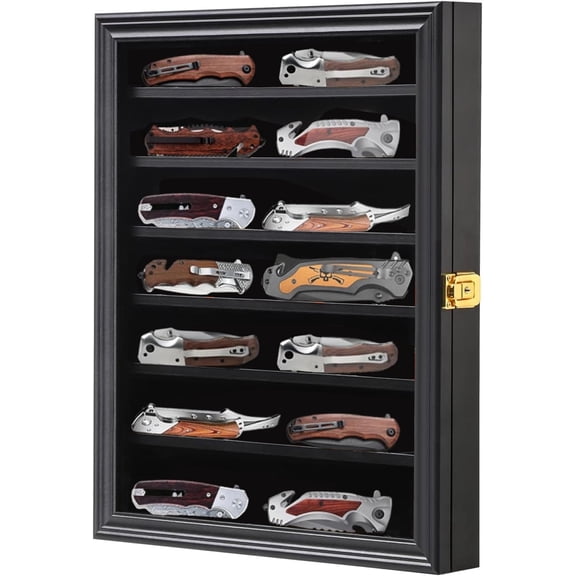 Knife Display Case Pocket Knife Display Stand Military Folding Knife Shadow Box Wall Cabinet with Uv Protection Acrylic Lockable, Black