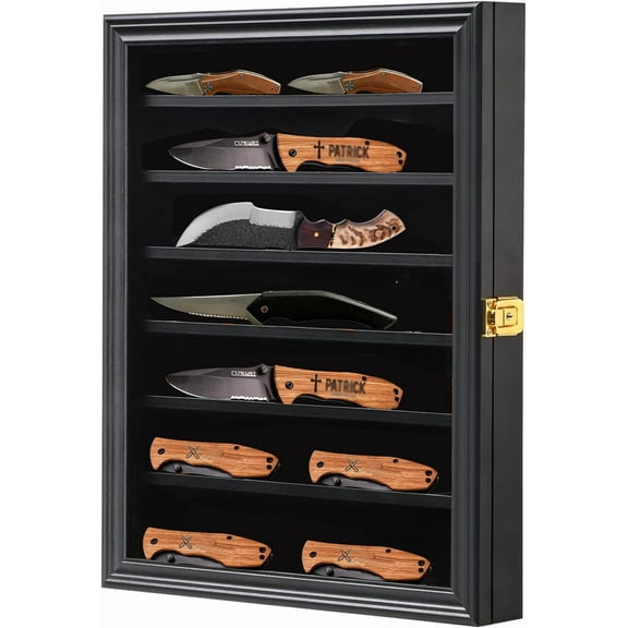 Knife Display Case Pocket Knife Display Stand Military Folding Knife Shadow Box Wall Cabinet with Uv Protection Acrylic Lockable, Black
