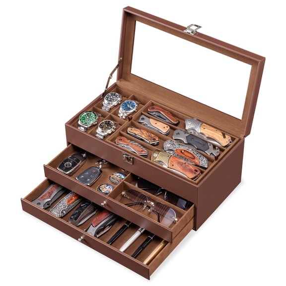 Honiway Knife Display Leather Case, Knife Collection Display Holder with Glass Lid & Drawers Brown