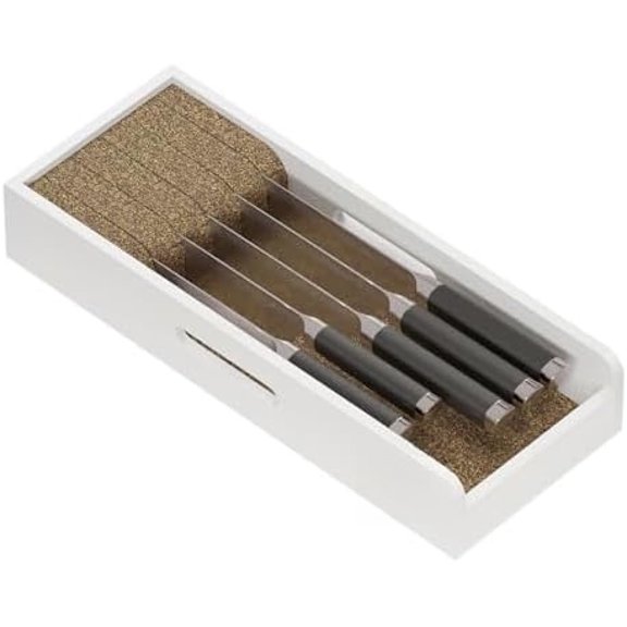 Knife Drawer Organizer Bamboo Insert Dock, Kitchen Steak Knives Holder Organizers Block for Drawer in Storage Organization (Small, White)