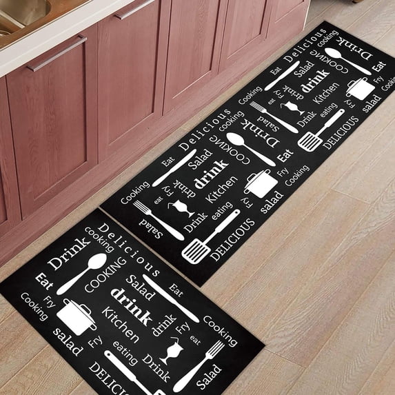Knife Fork Kitchen Rugs, Kitchen Mats for Floor, Kitchen Organization Non-Slip Kitchen Mat, Anti-Fatigue Mat Home Decor Kitchen Floor Mats, Black Kitchen Decor Runner Rug, Motto Design Kitchen Rug