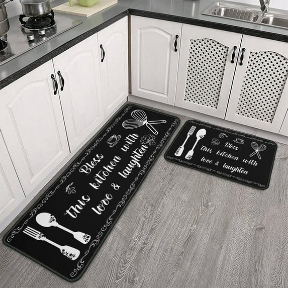 Knife, Fork, and Food Kitchen Mat Set Of 2, Crystal Velvet with Black Edge, 47x17in and 17x30in, Non-Slip Kitchen Floor Mats