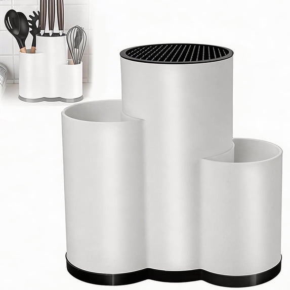 Knife Holder Kitchen 3-in-1 Universal Block without Knives Silverware Storage Stand with Drain Hole,for Countertop and Cabinet Drawer,White