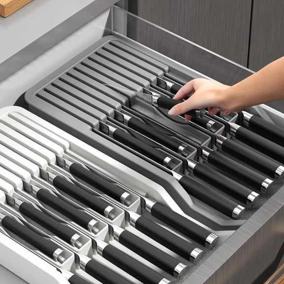 Knife Holder, in Drawer Knife Block Holder with Expandable Cutlery Tray Kitchen Drawer Organizer Insert-Holds 11 Knive