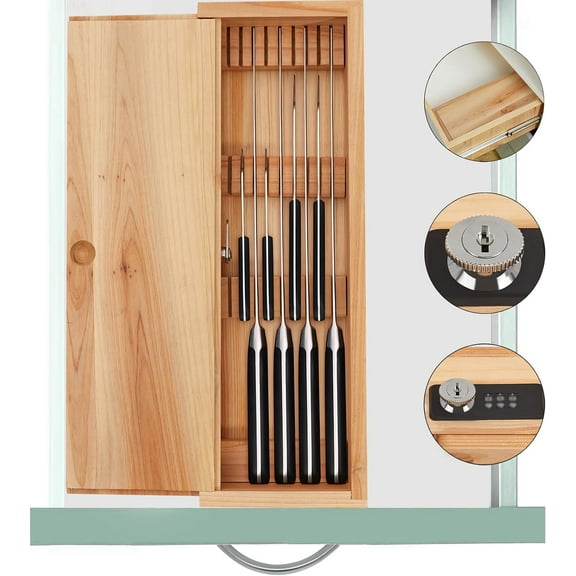 Knife Lock Box - Kitchen Knife Storage Box, Kids Safe In Drawer Knife Block, Wooden Sharp Knives Holder & Organizer, Multi Purpose Lock Box, Knife Storage Alternative (Knives Not Included)