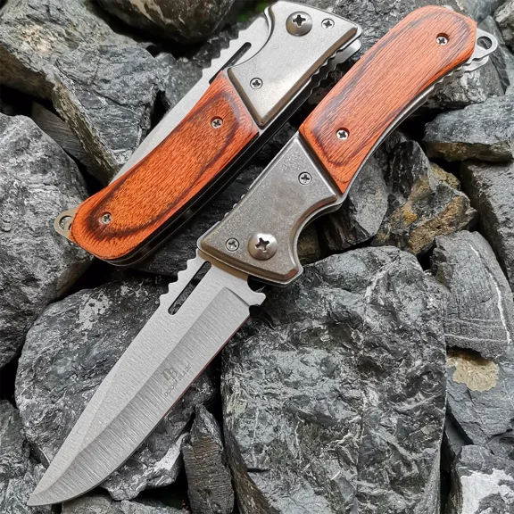 Knife Outdoor Multi-function Stainless Steel Folding Knives Wooden Handle High Hardness Outdoor Tools