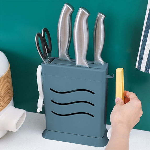 Knife Rack Storage Organizer, Multifunctional Kitchen Knife Holder with Hooks, Space Saving Countertop Storage Rack for Chef Knives and Knife Sets, Ventilated Drainage Base Design