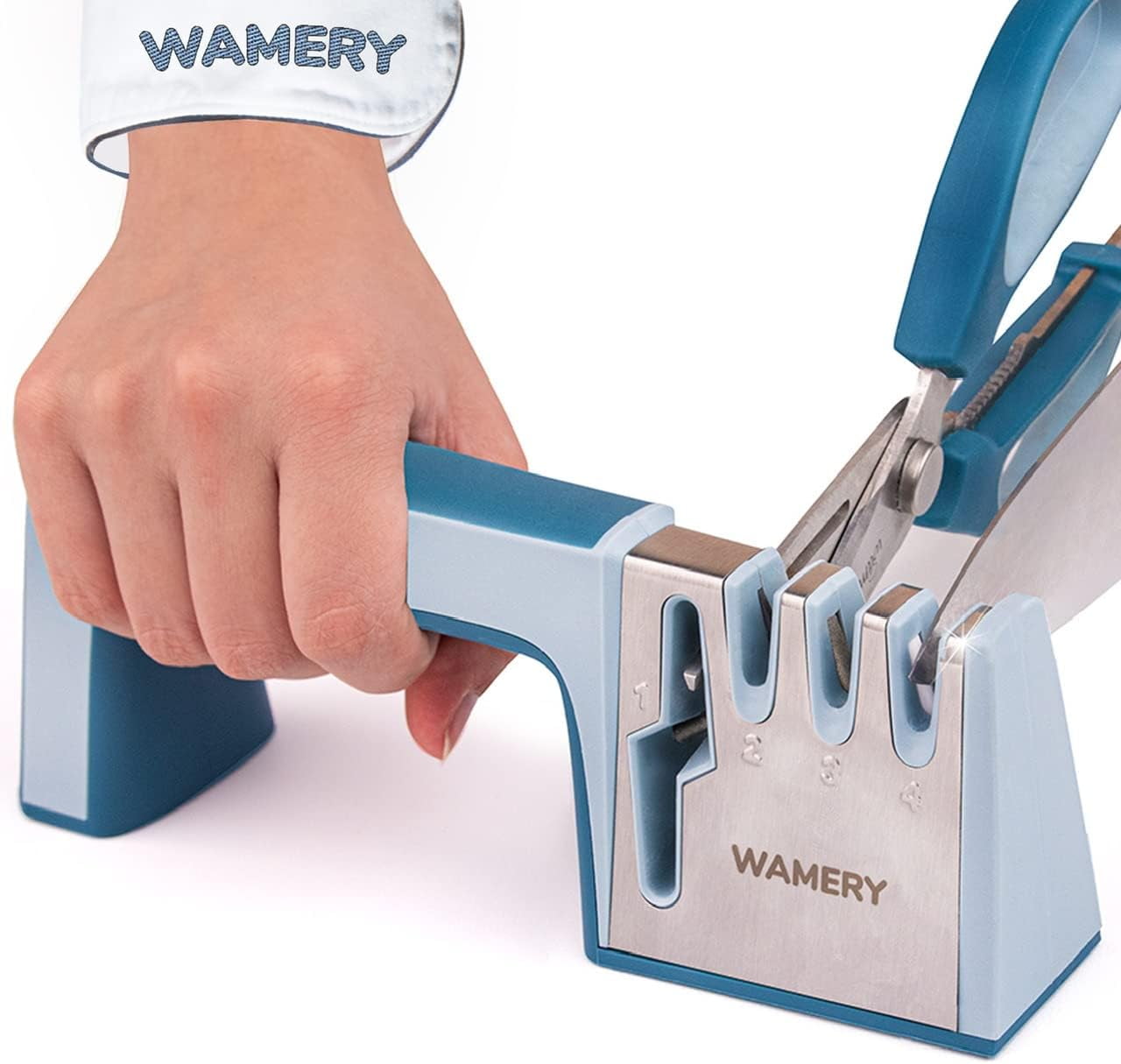 Knife & Scissors Sharpener, 4-Stage Pull-Through with Scissors Slot, Diamond & Ceramic Stages, Non-Slip Base, Ergonomic Handle - Restores Straight & Lightly Serrated Edges