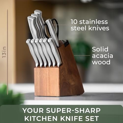 Knife Set - 11pcs Kitchen Knife Set with Block and Integrated Sharpener - Kitchen Knife Set - Knife Block Set - Kitchen Knifes - Knives Set for Kitchen
