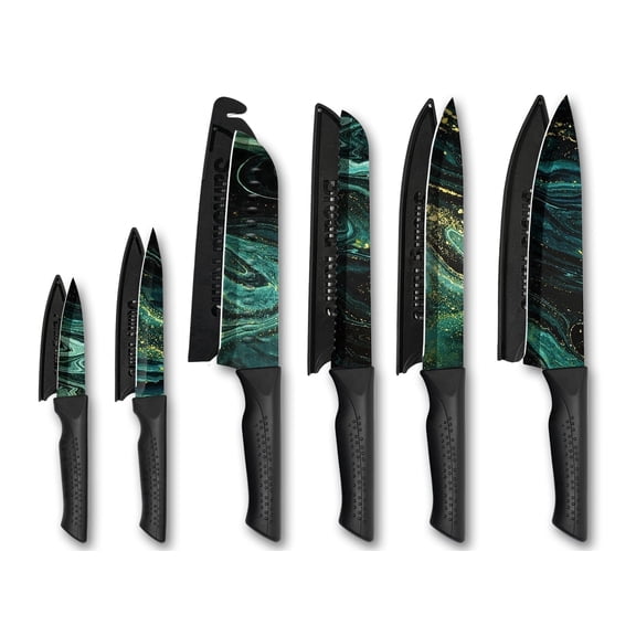 Knife Set, 6-PC Colorful Kitchen Knife Set, 6 Sharp Kitchen Knives with Covers for Cooking, Cutting, Greenstone