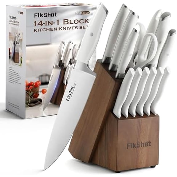 Knife Set 14-Piece Professional Chef Knives with Block and Sharpener, Elegant White Stainless Steel for Small Apartments, Modern Kitchens and Rental Homes, Dishwasher-Safe, Gift for Chefs