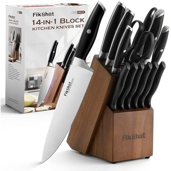 Knife Set 14-Piece Ultra-Sharp Full Tang Chef Knives with Block and Sharpener, High-Carbon Steel Black Handle for Kitchens, BBQs and Feasts, Rust-Resistant, Dishwasher-Safe, Gift for Chefs